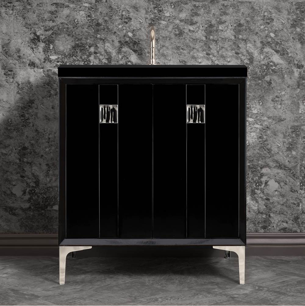 Linkasink - TUXEDO with 3'' Artisan Glass Prism Hardware 30'' Wide Vanity, Black, Polished Nickel Hardware, 30'' x 22'' x 33.5'' (without vanity top) - Polished Nickel with Black Tiger Prism Glass