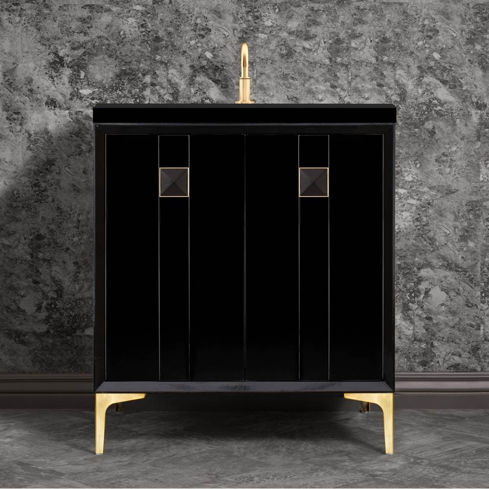 Linkasink - TUXEDO with 3'' Artisan Glass Prism Hardware 30'' Wide Vanity, Black, Satin Brass Hardware, 30'' x 22'' x 33.5'' (without vanity top) - Satin Brass with Black Prism Glass