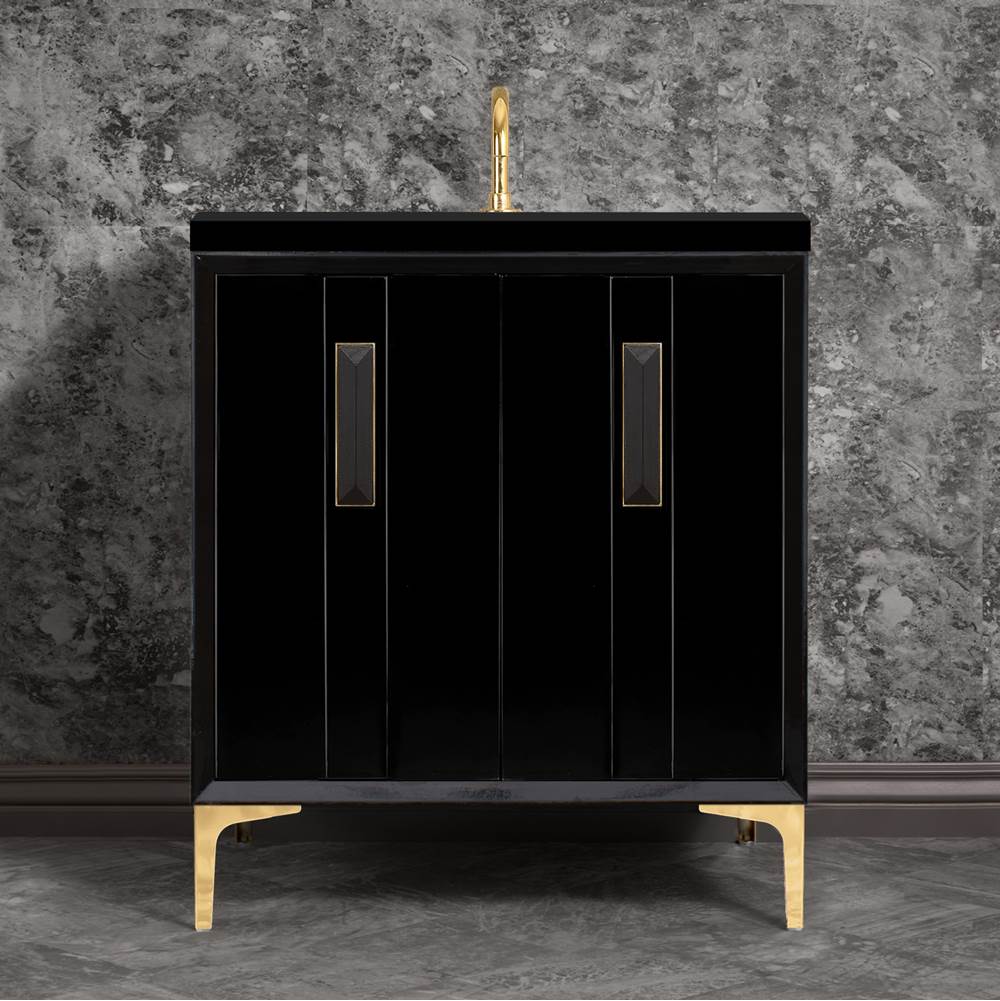Linkasink - TUXEDO with 8'' Artisan Glass Prism Hardware 30'' Wide Vanity, Black, Polished Brass Hardware, 30'' x 22'' x 33.5'' (without vanity top) - Polished Brass with Black Prism Glass