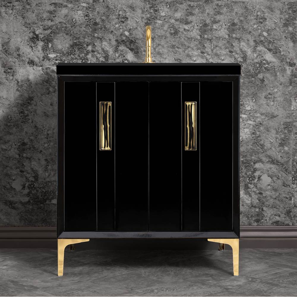 Linkasink - TUXEDO with 8'' Artisan Glass Prism Hardware 30'' Wide Vanity, Black, Polished Brass Hardware, 30'' x 22'' x 33.5'' (without vanity top) - Polished Brass with Black Tiger Prism Glass