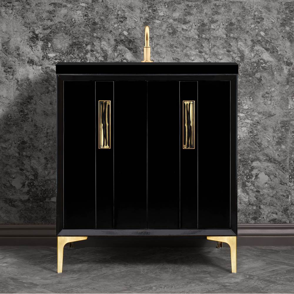 Linkasink - Tuxedo with 8'' Black Tiger Artisan Glass Prism, 30'' Wide Vanity, Black, Satin Brass Hardware with White Glass, 30'' x 22'' x 33.5'' (without vanity top) - Satin Brass with Black Tiger Prism Glass