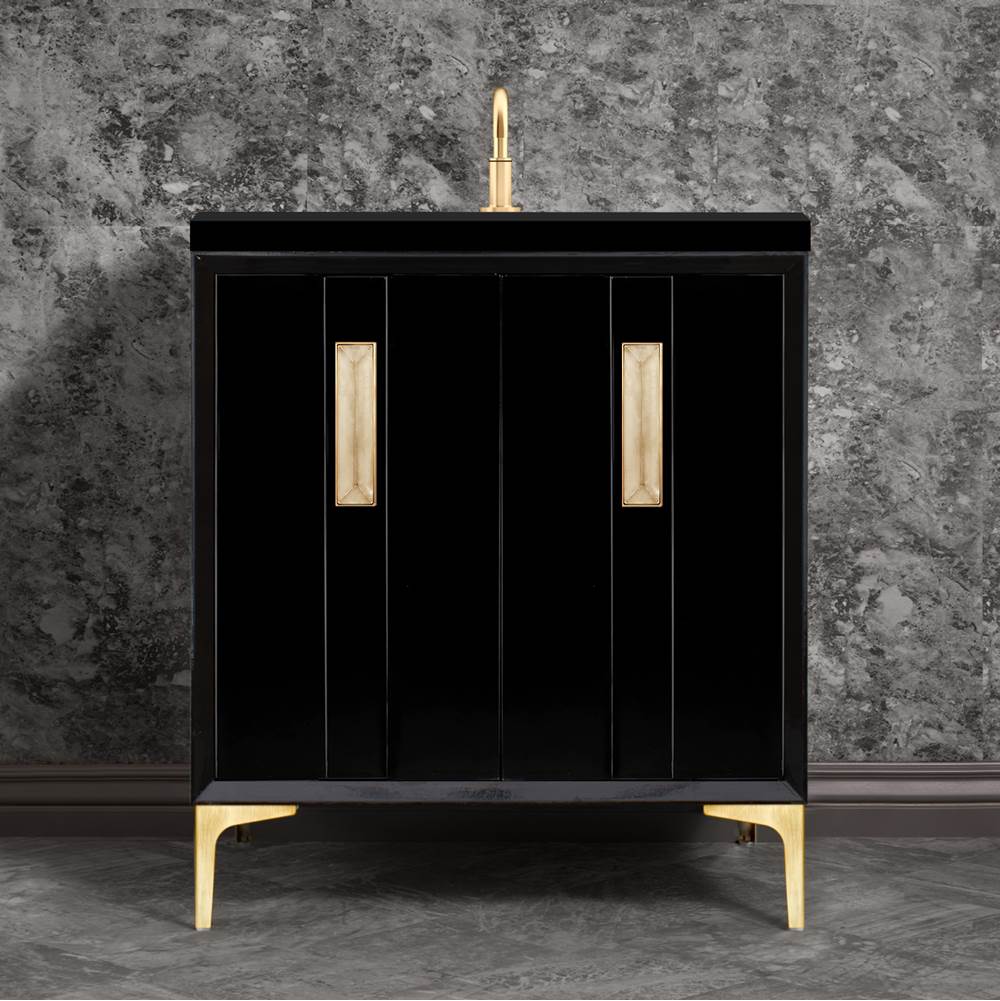 Linkasink - TUXEDO with 8'' Artisan Glass Prism Hardware 30'' Wide Vanity, Black, Satin Brass Hardware, 30'' x 22'' x 33.5'' (without vanity top) - Satin Brass with Eglomise Prism Glass