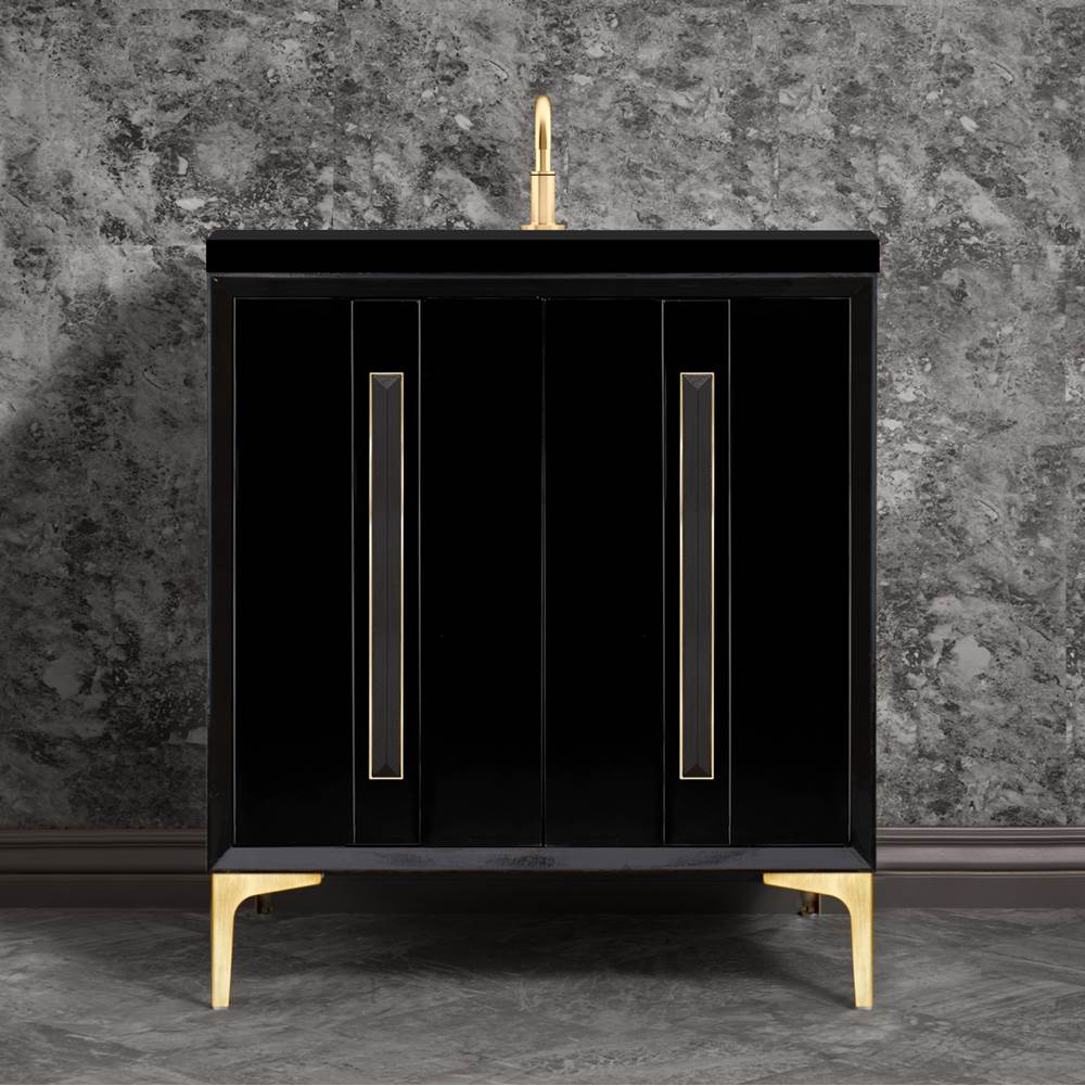 Linkasink - TUXEDO with 18'' Artisan Glass Prism Hardware 30'' Wide Vanity, Black, Satin Brass Hardware, 30'' x 22'' x 33.5'' (without vanity top) - Satin Brass with Black Prism Glass