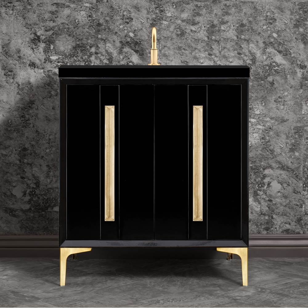 Linkasink - TUXEDO with 18'' Artisan Glass Prism Hardware 30'' Wide Vanity, Black, Satin Brass Hardware, 30'' x 22'' x 33.5'' (without vanity top) - Satin Brass with Eglomise Prism Glass