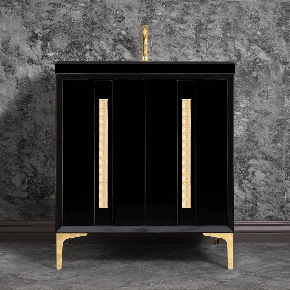 Linkasink - TUXEDO with 18'' Artisan Glass Pyramid Hardware 30'' Wide Vanity, Black, Polished Brass Hardware, 30'' x 22'' x 33.5'' (without vanity top) - Polished Brass with Églomisé Pyramid Glass