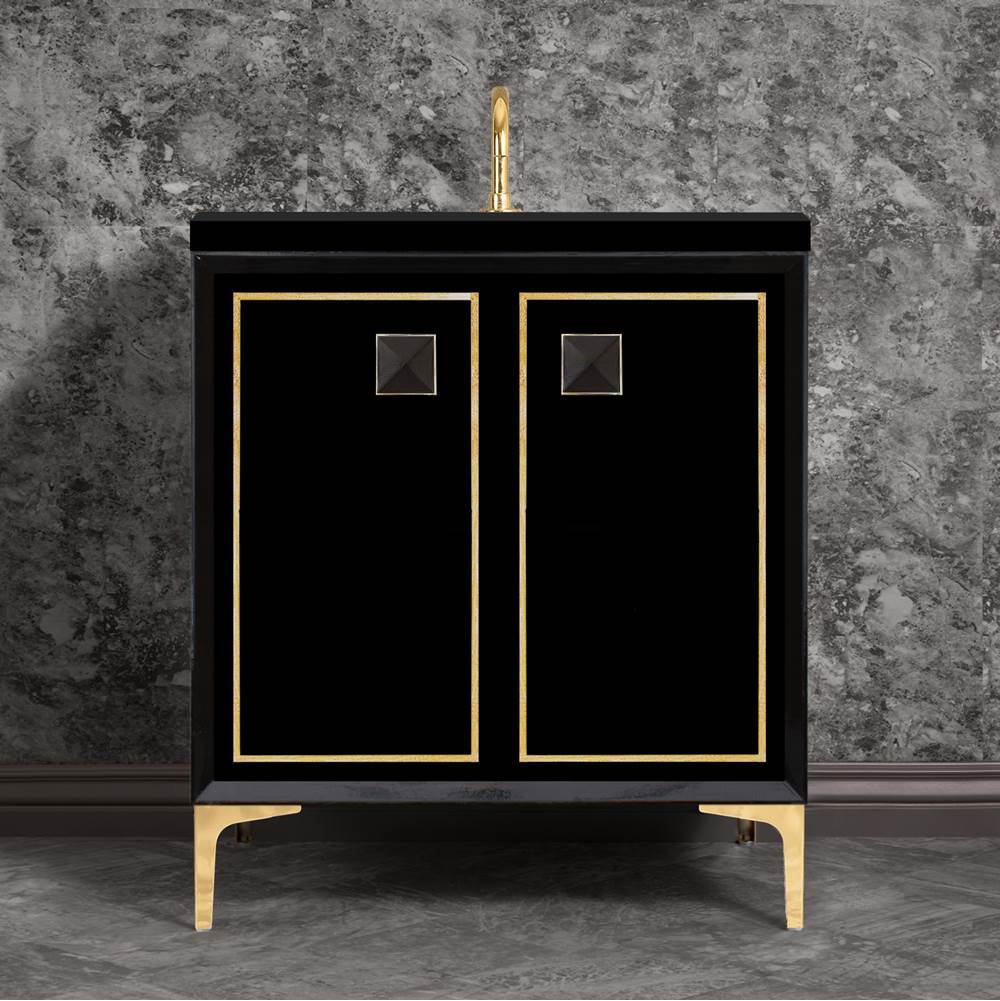 Linkasink - LINEA with 3'' Artisan Glass Prism Hardware 30'' Wide Vanity, Black, Polished Brass Hardware, 30'' x 22'' x 33.5'' (without vanity top) - Polished Brass with Black Prism Glass