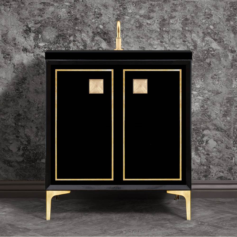 Linkasink - LINEA with 3'' Artisan Glass Prism Hardware 30'' Wide Vanity, Black, Satin Brass Hardware, 30'' x 22'' x 33.5'' (without vanity top) - Satin Brass with Eglomise Prism Glass