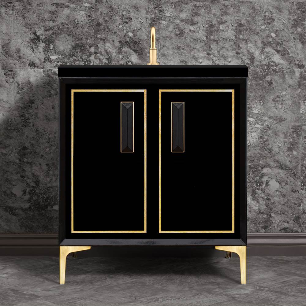 Linkasink - LINEA with 8'' Artisan Glass Prism Hardware 30'' Wide Vanity, Black, Satin Brass Hardware, 30'' x 22'' x 33.5'' (without vanity top) - Satin Brass with Black Prism Glass
