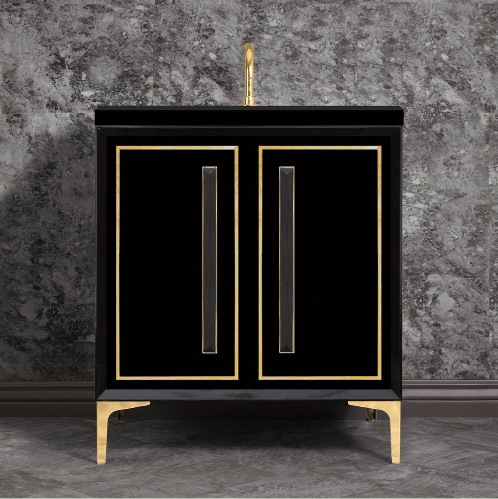 Linkasink - LINEA with 18'' Artisan Glass Prism Hardware 30'' Wide Vanity, Black, Polished Brass Hardware, 30'' x 22'' x 33.5'' (without vanity top) - Polished Brass with Black Prism Glass