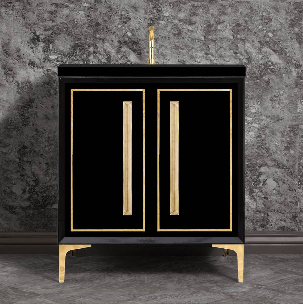 Linkasink - LINEA with 18'' Artisan Glass Prism Hardware 30'' Wide Vanity, Black, Polished Brass Hardware, 30'' x 22'' x 33.5'' (without vanity top) - Polished Brass with Eglomise Prism Glass