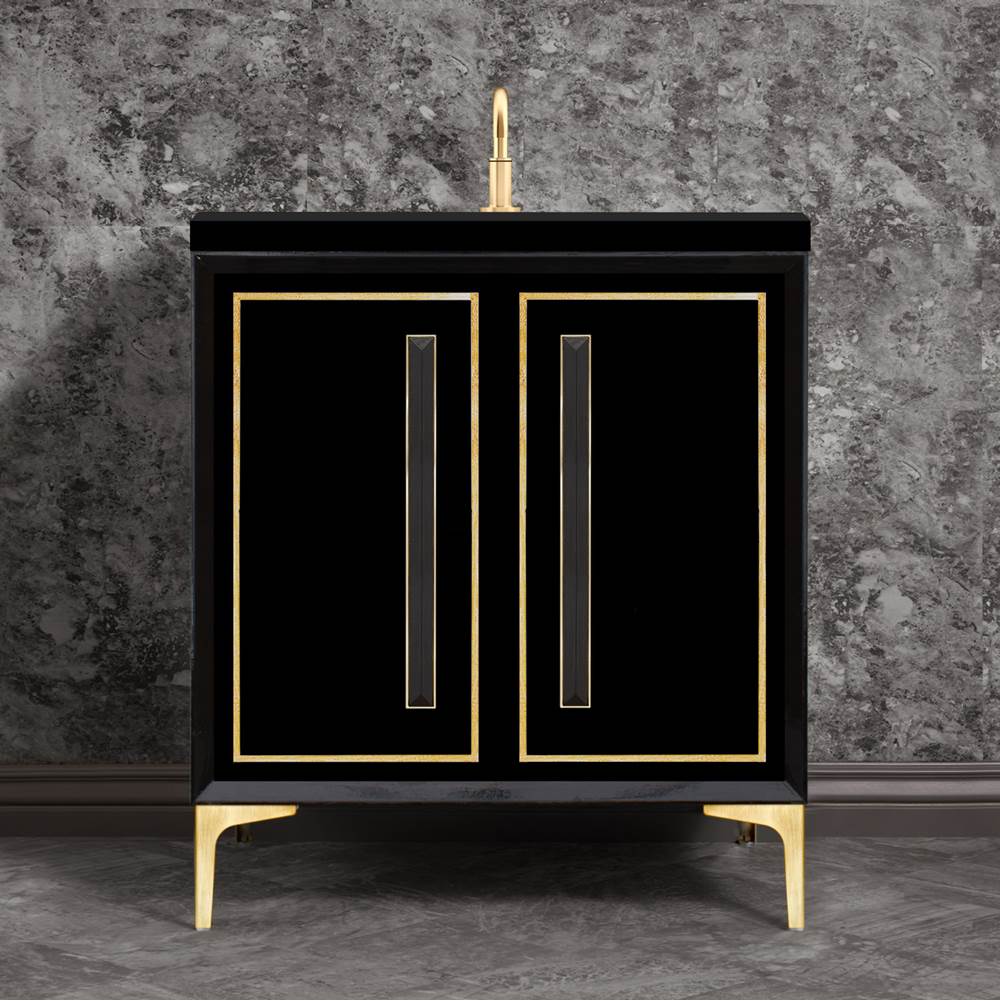 Linkasink - LINEA with 18'' Artisan Glass Prism Hardware 30'' Wide Vanity, Black, Satin Brass Hardware, 30'' x 22'' x 33.5'' (without vanity top) - Satin Brass with Black Prism Glass