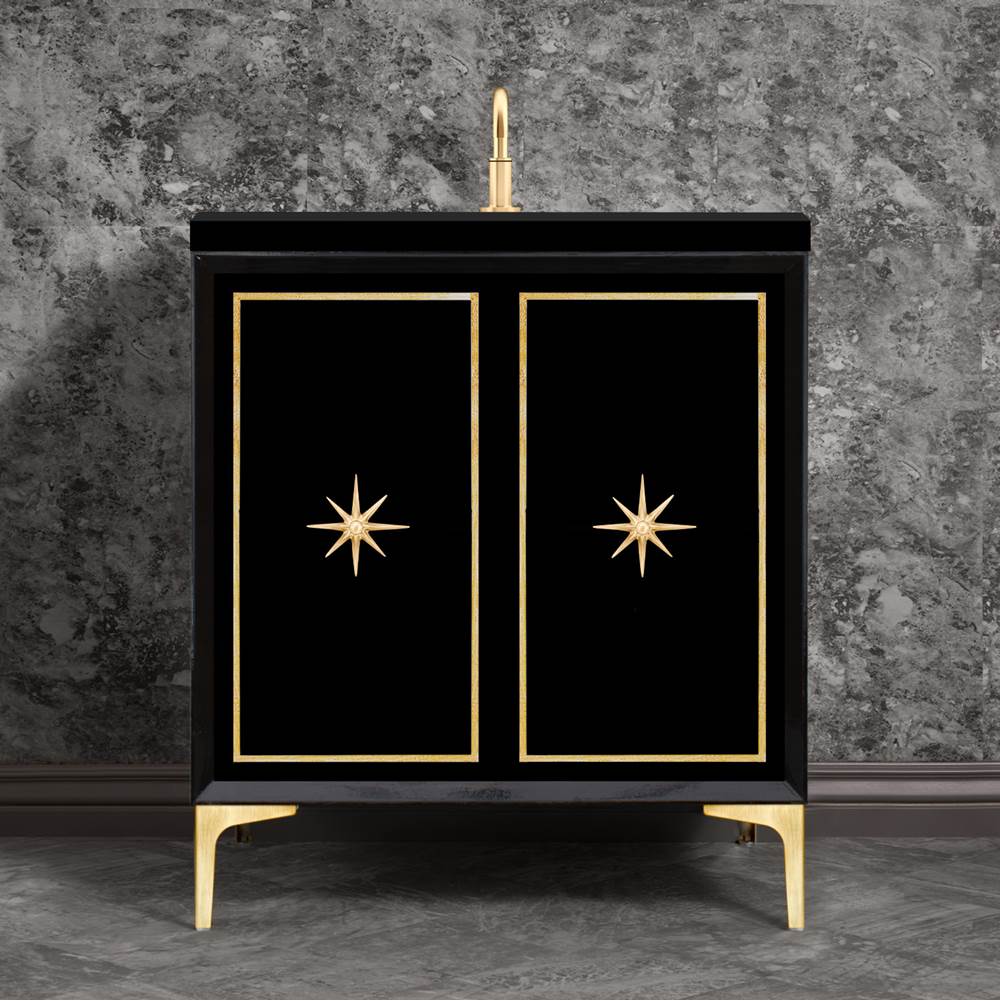Linkasink - Linea with 3'' Satin Brass Star Hardware, 30'' Wide Vanity, Black, 30'' x 22'' x 33.5'' (without vanity top) - Satin Brass