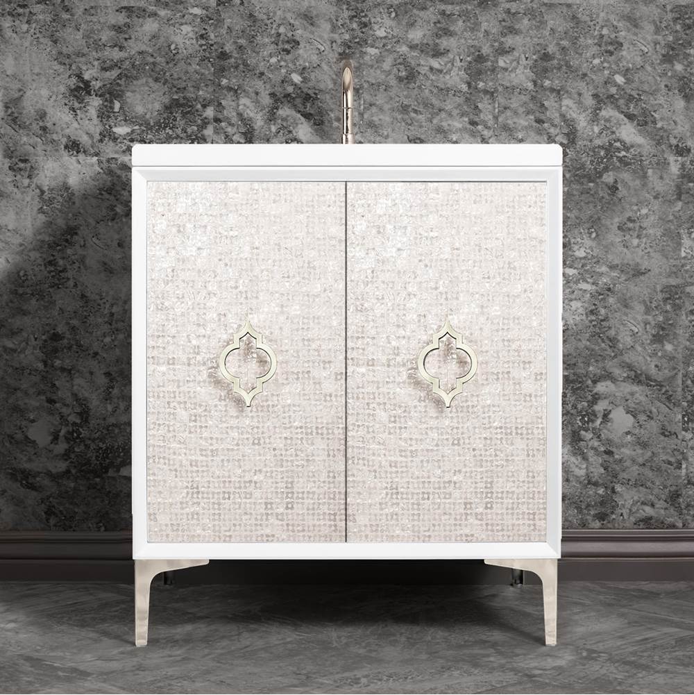 Linkasink - Mother of Pearl 30'' Wide White Vanity with Polished Nickel Arabesque Pull and Hardware - White with Polished Nickel Hardware