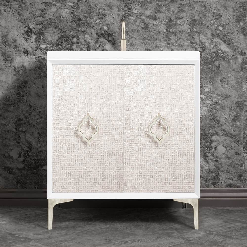 Linkasink - Mother of Pearl 30'' Wide White Vanity with Satin Nickel Arabesque Pull and Hardware - White with Satin Nickel Hardware