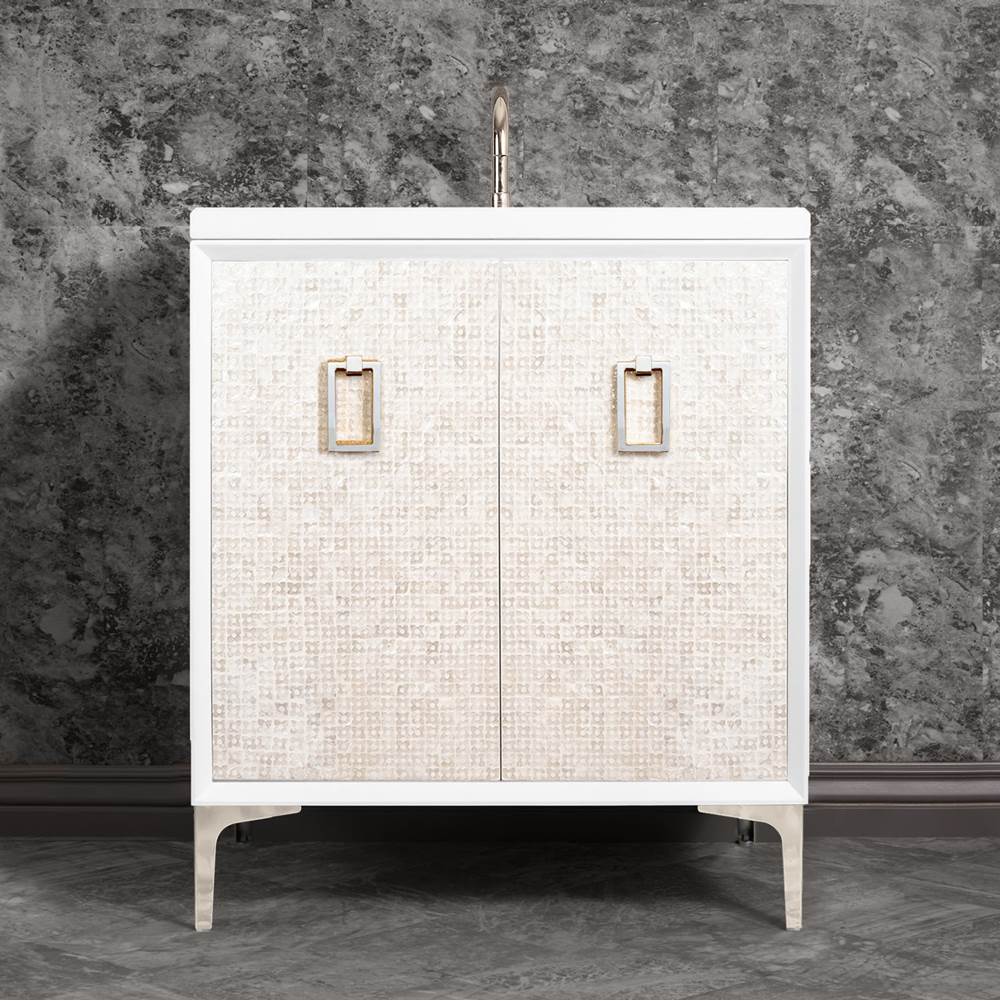 Linkasink - Mother of Pearl 30'' Wide White Vanity with Polished Nickel Coach Pull and Hardware - White with Polished Nickel Hardware