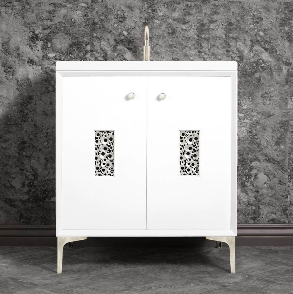 Linkasink - Frame 30'' Wide White Vanity with Satin Nickel Coral Grate and Legs - White with Satin Nickel Hardware