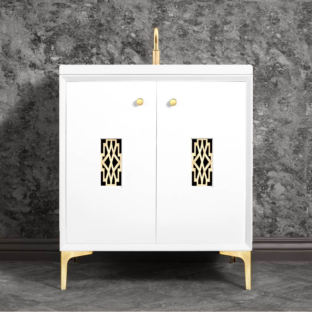 Linkasink - Frame 30'' Wide White Vanity with Satin Brass Deco Grate and Legs - White with Satin Brass Hardware