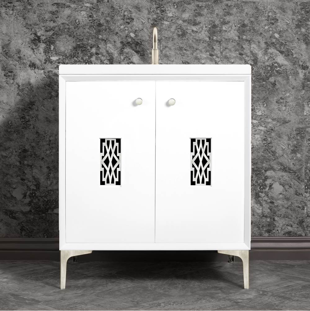 Linkasink - Frame 30'' Wide White Vanity with Satin Nickel Deco Grate and Legs - White with Satin Nickel Hardware