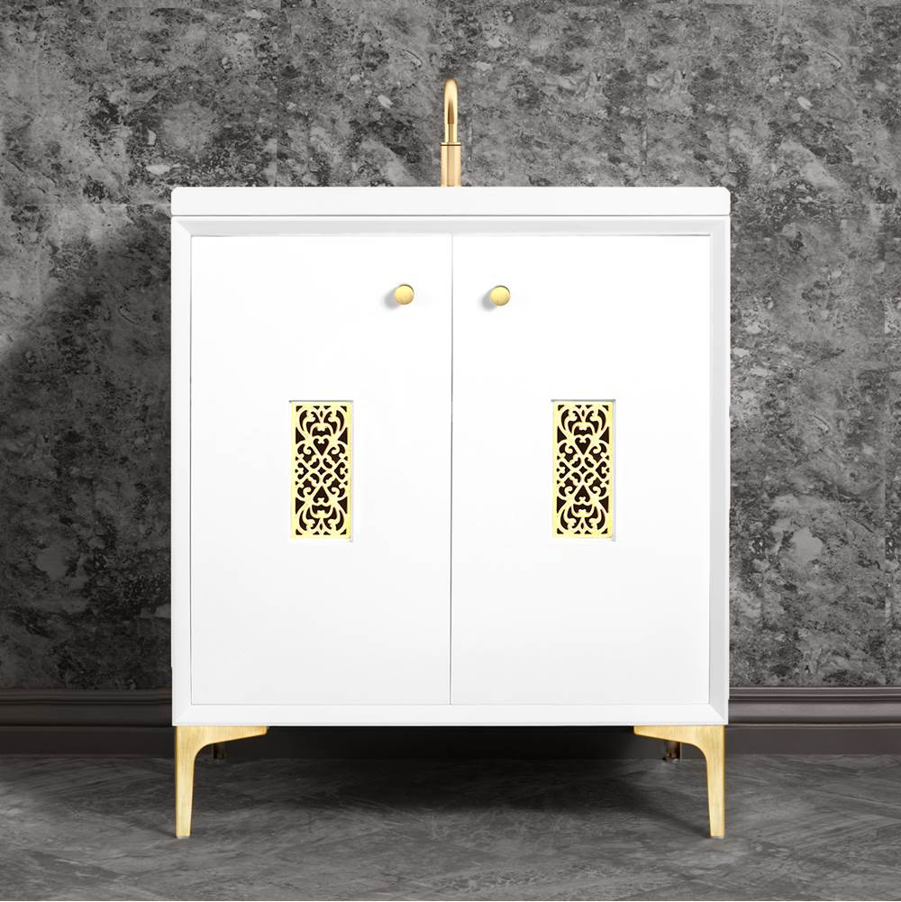 Linkasink - Frame 30'' Wide White Vanity with Satin Brass Filigree Grate and Legs - White with Satin Brass Hardware