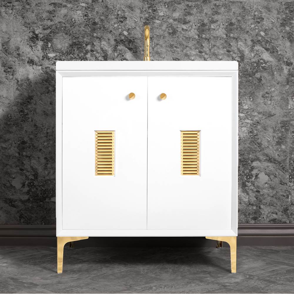 Linkasink - Frame 30'' Wide White Vanity with Polished Brass Louver Grate and Legs - White with Polished Brass Hardware