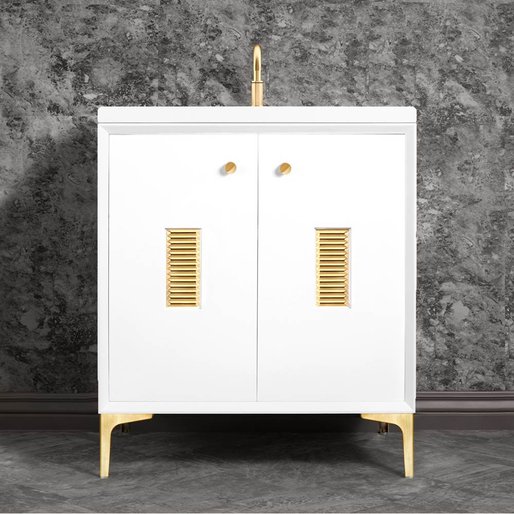 Linkasink - Frame 30'' Wide White Vanity with Satin Brass Louver Grate and Legs - White with Satin Brass Hardware