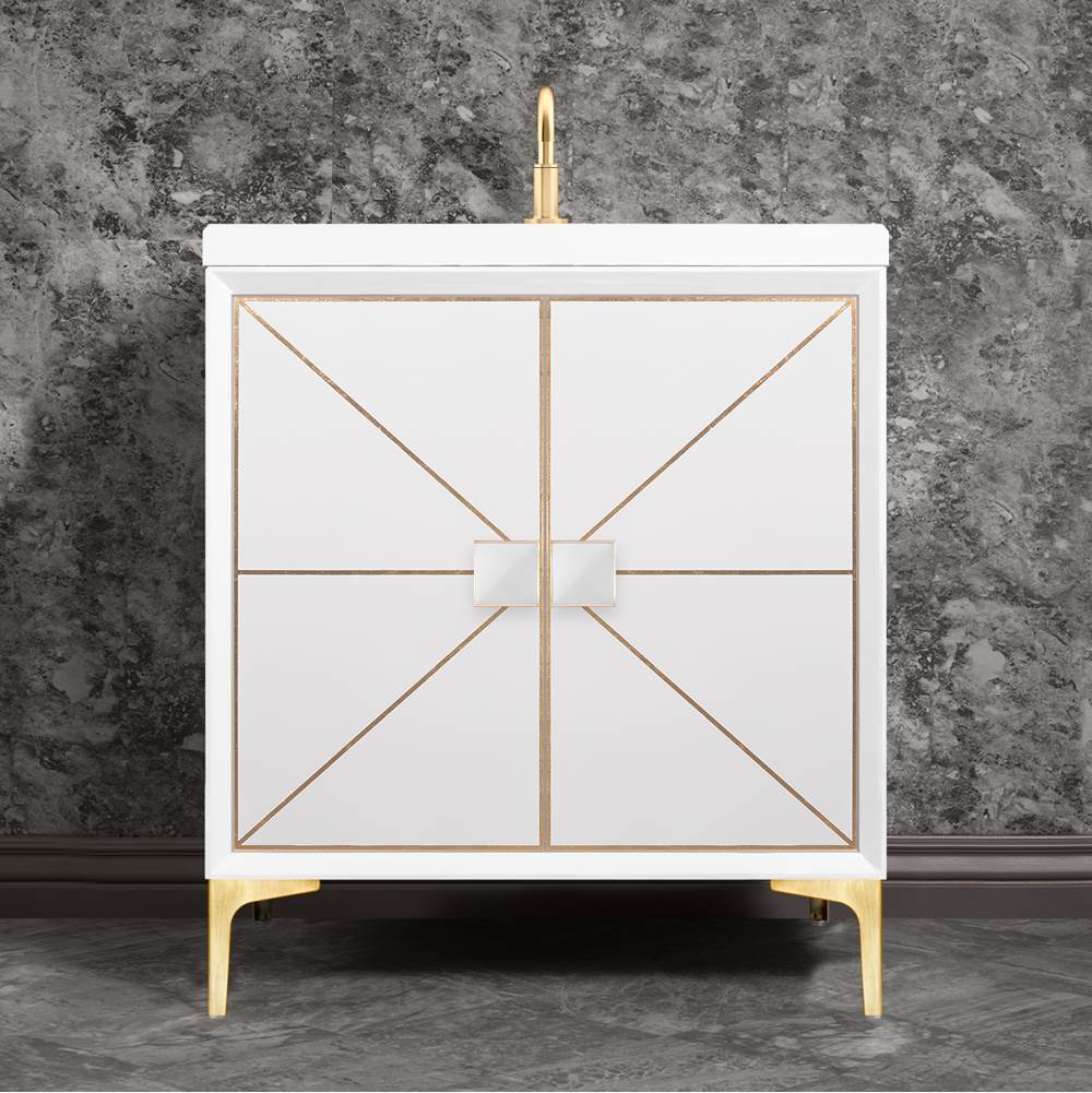 Linkasink - DIVERGENCE with Artisan Glass Hardware 30'' Wide Vanity, White, Satin Brass Hardware, 30'' x 22'' x 33.5'' (without vanity top) - Satin Brass with White Glass