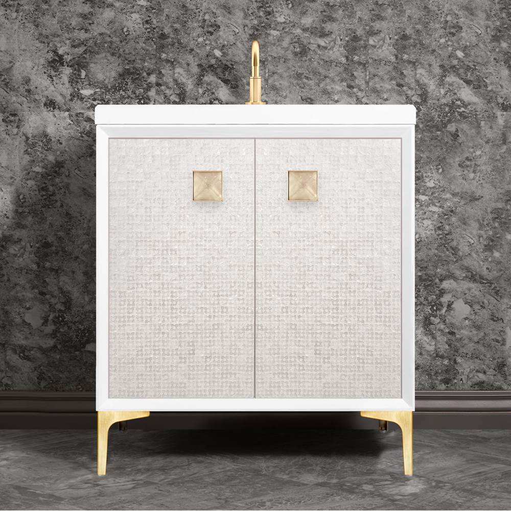 Linkasink - MOTHER OF PEARL with 3'' Artisan Glass Prism Hardware 30'' Wide Vanity, White, Satin Brass Hardware, 30'' x 22'' x 33.5'' (without vanity top) - Satin Brass with Eglomise Prism Glass