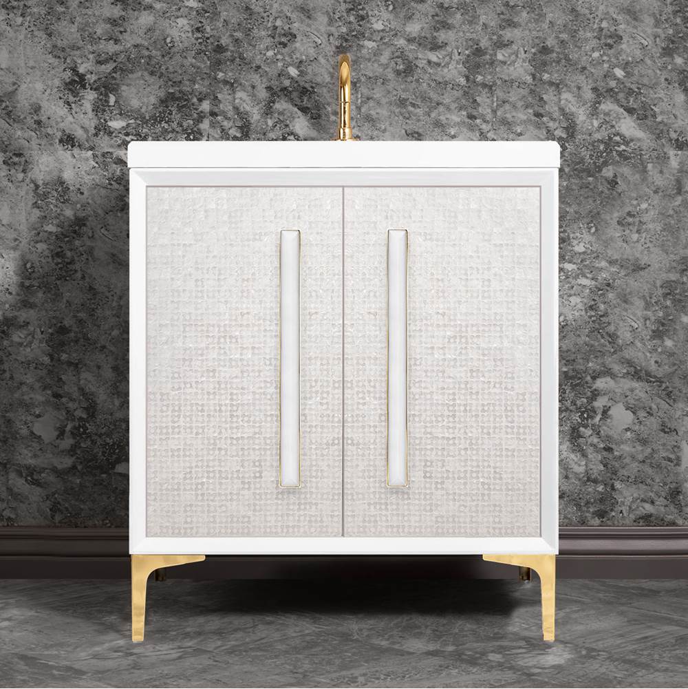 Linkasink - MOTHER OF PEARL with 18'' Artisan Glass Prism Hardware 30'' Wide Vanity, White, Polished Brass Hardware, 30'' x 22'' x 33.5'' (without vanity top) - Polished Brass with White Prism Glass