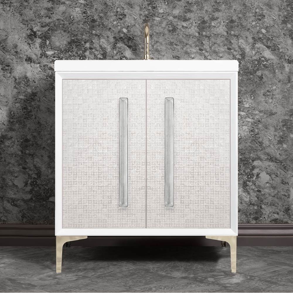 Linkasink - MOTHER OF PEARL with 18'' Artisan Glass Prism Hardware 30'' Wide Vanity, White, Polished Nickel Hardware, 30'' x 22'' x 33.5'' (without vanity top) - Polished Nickel with Églomisé Prism Glass
