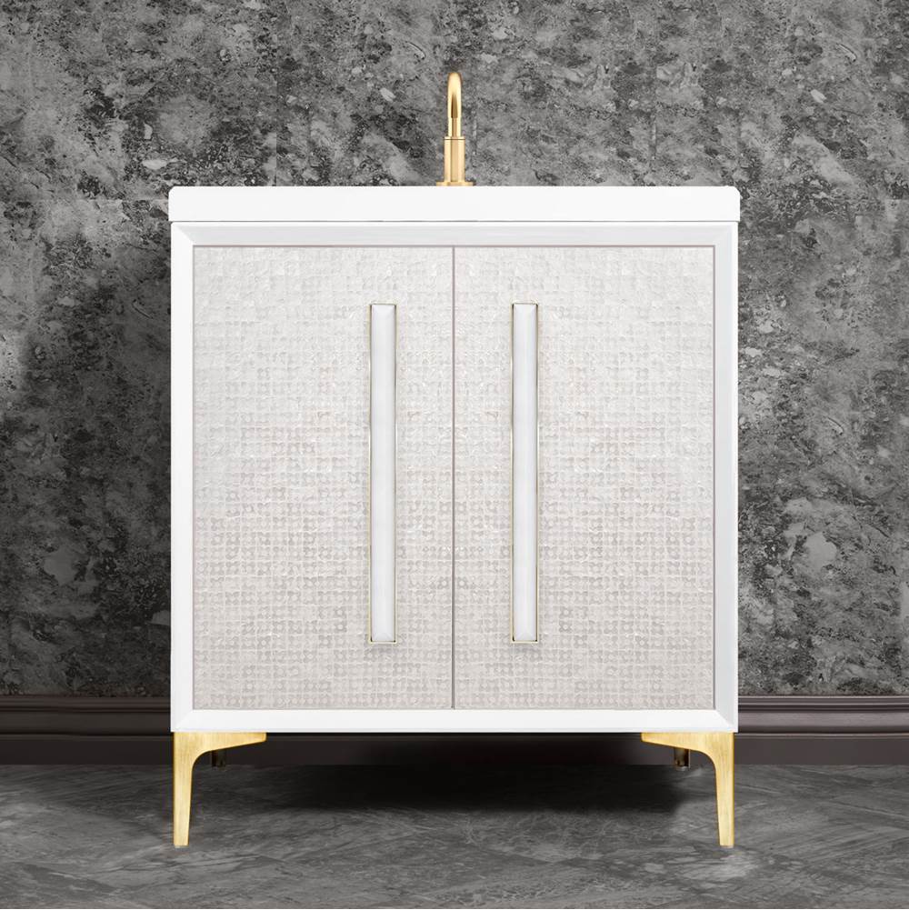 Linkasink - MOTHER OF PEARL with 18'' Artisan Glass Prism Hardware 30'' Wide Vanity, White, Satin Brass Hardware, 30'' x 22'' x 33.5'' (without vanity top) - Satin Brass with White Prism Glass