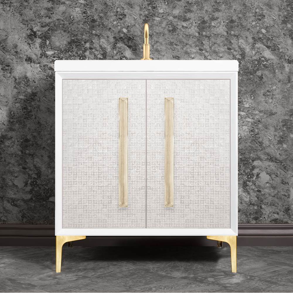 Linkasink - MOTHER OF PEARL with 18'' Artisan Glass Prism Hardware 30'' Wide Vanity, White, Satin Brass Hardware, 30'' x 22'' x 33.5'' (without vanity top) - Satin Brass with Eglomise Prism Glass
