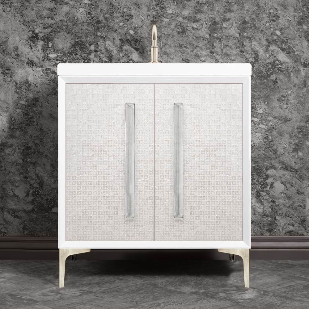 Linkasink - MOTHER OF PEARL with 18'' Artisan Glass Prism Hardware 30'' Wide Vanity, White, Satin Nickel Hardware, 30'' x 22'' x 33.5'' (without vanity top) - Satin Nickel with Églomisé Prism Glass