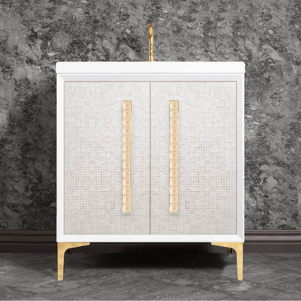 Linkasink - MOTHER OF PEARL with 18'' Artisan Glass Pyramid Hardware 30'' Wide Vanity, White, Polished Brass Hardware, 30'' x 22'' x 33.5'' (without vanity top) - Polished Brass with Églomisé Pyramid Glass