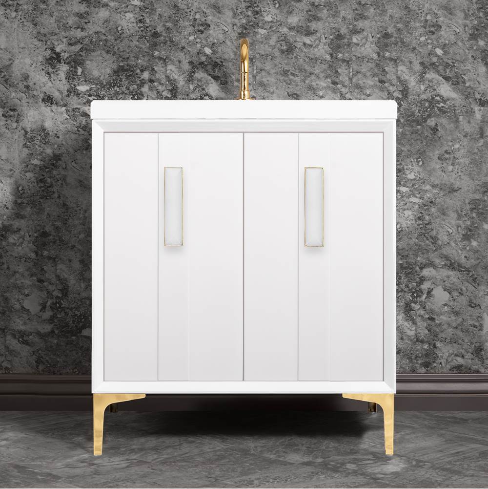 Linkasink - TUXEDO with 8'' Artisan Glass Prism Hardware 30'' Wide Vanity, White, Polished Brass Hardware, 30'' x 22'' x 33.5'' (without vanity top) - Polished Brass with White Prism Glass