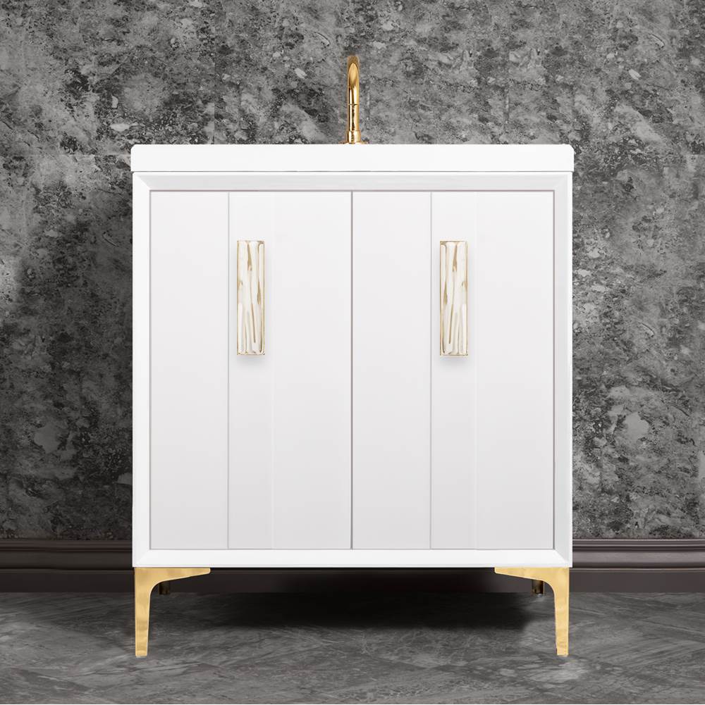Linkasink - TUXEDO with 8'' Artisan Glass Prism Hardware 30'' Wide Vanity, White, Polished Brass Hardware, 30'' x 22'' x 33.5'' (without vanity top) - Polished Brass with White Tiger Prism Glass