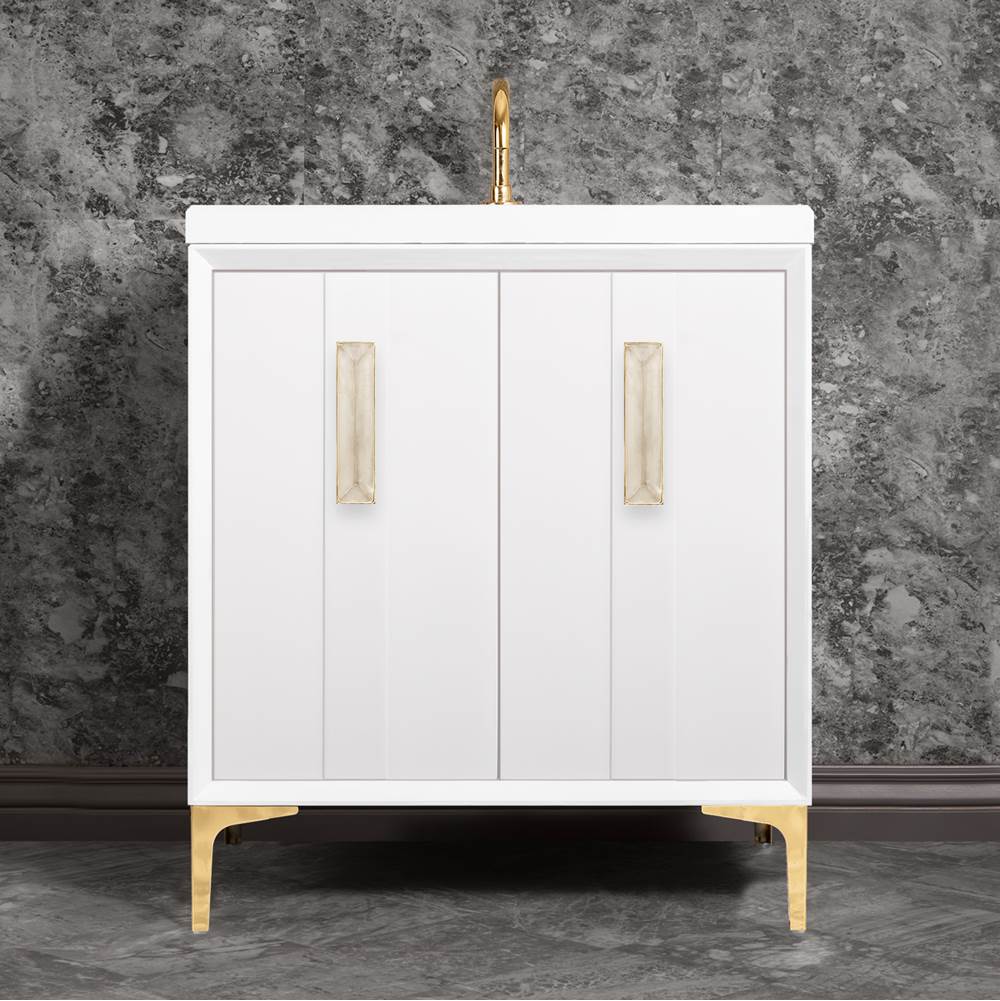 Linkasink - TUXEDO with 8'' Artisan Glass Prism Hardware 30'' Wide Vanity, White, Polished Brass Hardware, 30'' x 22'' x 33.5'' (without vanity top) - Polished Brass with Eglomise Prism Glass