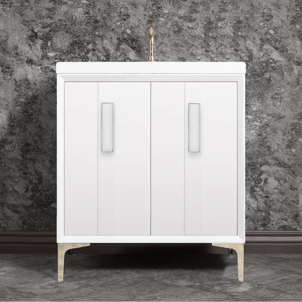Linkasink - TUXEDO with 8'' Artisan Glass Prism Hardware 30'' Wide Vanity, White, Polished Nickel Hardware, 30'' x 22'' x 33.5'' (without vanity top) - Polished Nickel with White Prism Glass
