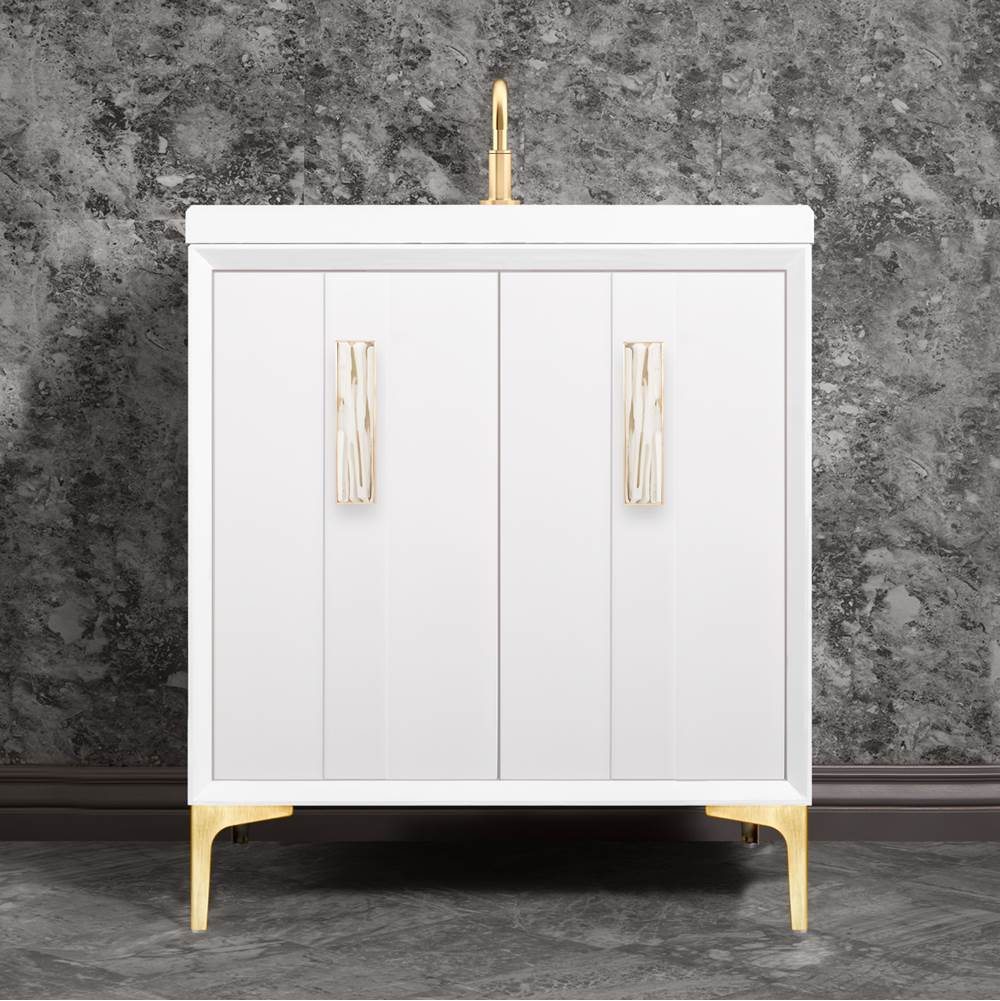 Linkasink - Tuxedo with 8'' White Tiger Artisan Glass Prism, 30'' Wide Vanity, White, Satin Brass Hardware with White Glass, 30'' x 22'' x 33.5'' (without vanity top) - Satin Brass with White Tiger Prism Glass