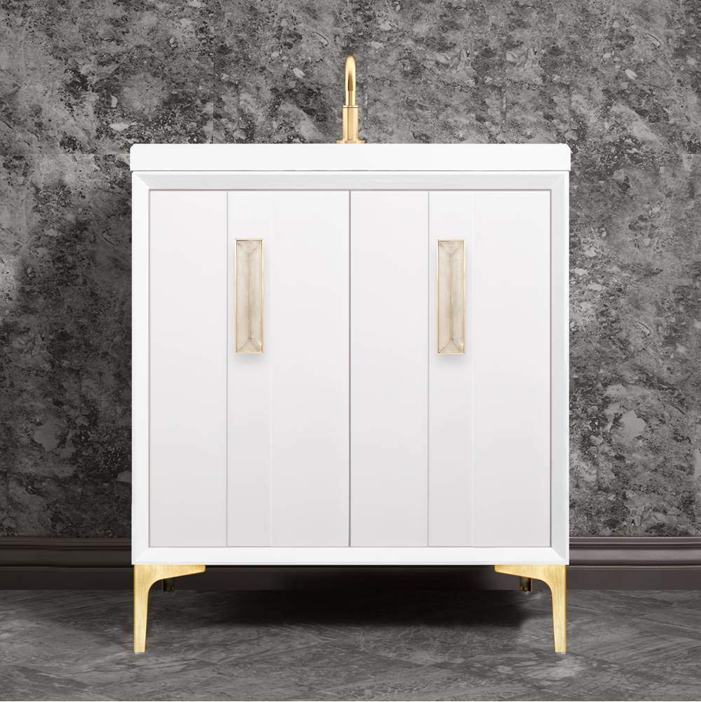 Linkasink - TUXEDO with 8'' Artisan Glass Prism Hardware 30'' Wide Vanity, White, Satin Brass Hardware, 30'' x 22'' x 33.5'' (without vanity top) - Satin Brass with Eglomise Prism Glass