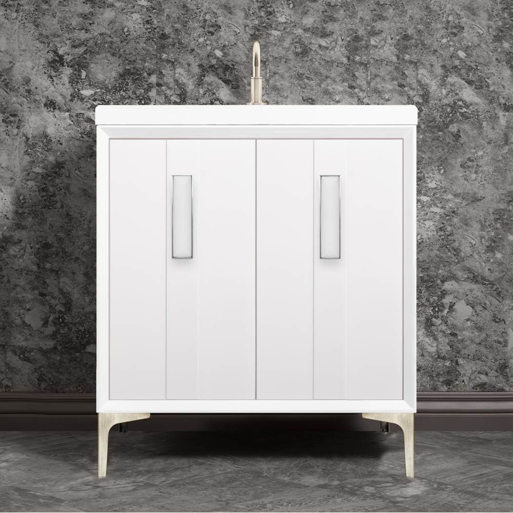 Linkasink - TUXEDO with 8'' Artisan Glass Prism Hardware 30'' Wide Vanity, White, Satin Nickel Hardware, 30'' x 22'' x 33.5'' (without vanity top) - Satin Nickel with White Prism Glass