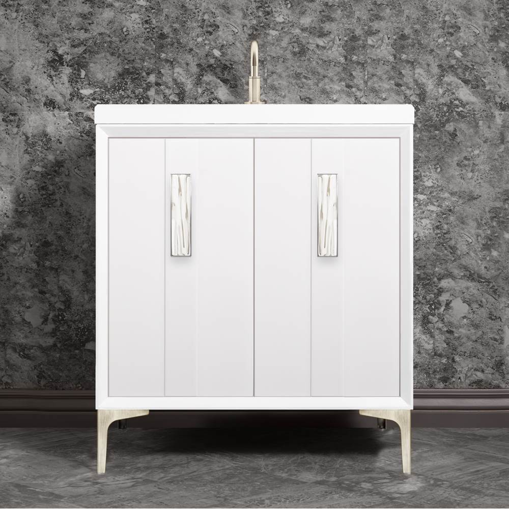 Linkasink - TUXEDO with 8'' Artisan Glass Prism Hardware 30'' Wide Vanity, White, Satin Nickel Hardware, 30'' x 22'' x 33.5'' (without vanity top) - Satin Nickel with White Tiger Prism Glass