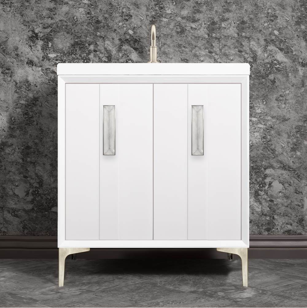 Linkasink - TUXEDO with 8'' Artisan Glass Prism Hardware 30'' Wide Vanity, White, Satin Nickel Hardware, 30'' x 22'' x 33.5'' (without vanity top) - Satin Nickel with Églomisé Prism Glass