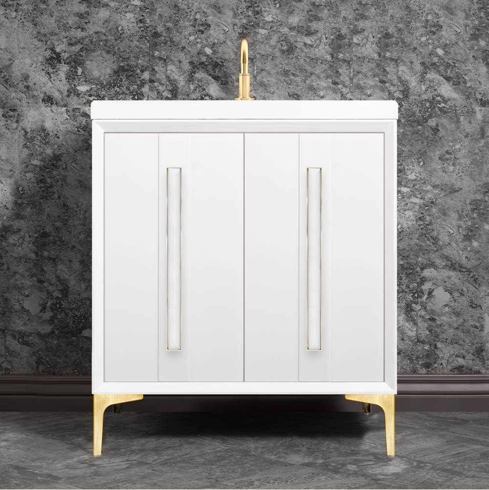 Linkasink - TUXEDO with 18'' Artisan Glass Prism Hardware 30'' Wide Vanity, White, Satin Brass Hardware, 30'' x 22'' x 33.5'' (without vanity top) - Satin Brass with White Prism Glass