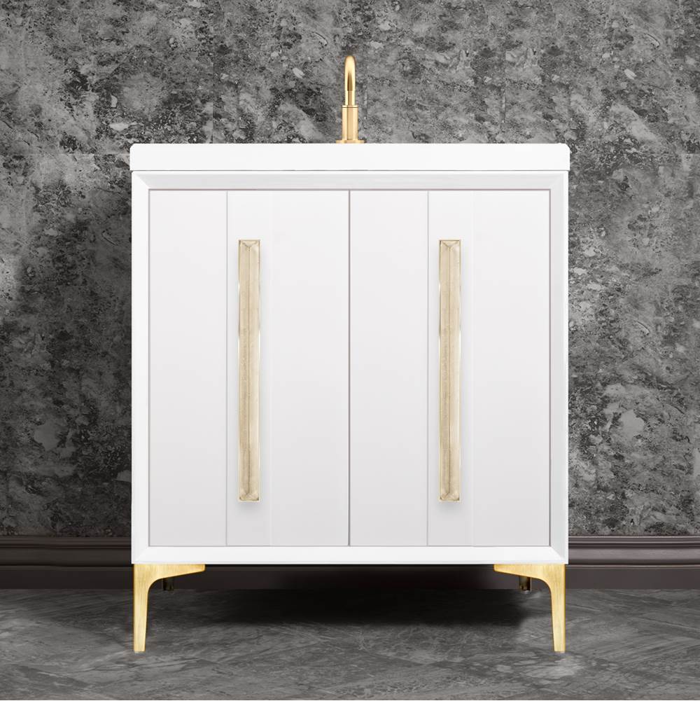 Linkasink - TUXEDO with 18'' Artisan Glass Prism Hardware 30'' Wide Vanity, White, Satin Brass Hardware, 30'' x 22'' x 33.5'' (without vanity top) - Satin Brass with Eglomise Prism Glass