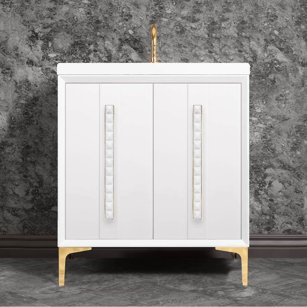 Linkasink - TUXEDO with 18'' Artisan Glass Pyramid Hardware 30'' Wide Vanity, White, Polished Brass Hardware, 30'' x 22'' x 33.5'' (without vanity top) - Polished Brass with White Pyramid Glass