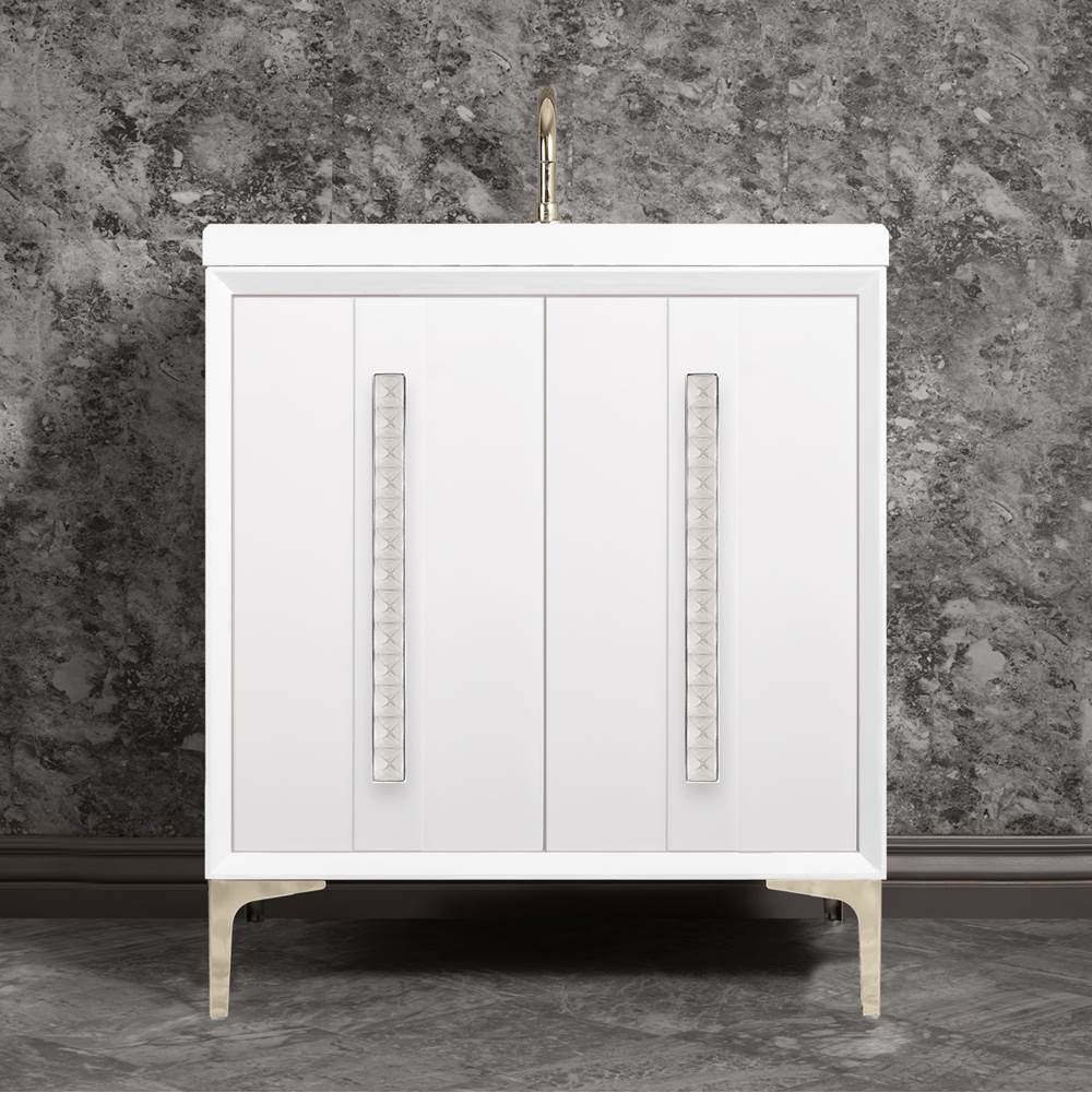 Linkasink - TUXEDO with 18'' Artisan Glass Pyramid Hardware 30'' Wide Vanity, White, Polished Nickel Hardware, 30'' x 22'' x 33.5'' (without vanity top) - Polished Nickel with Églomisé Pyramid Glass