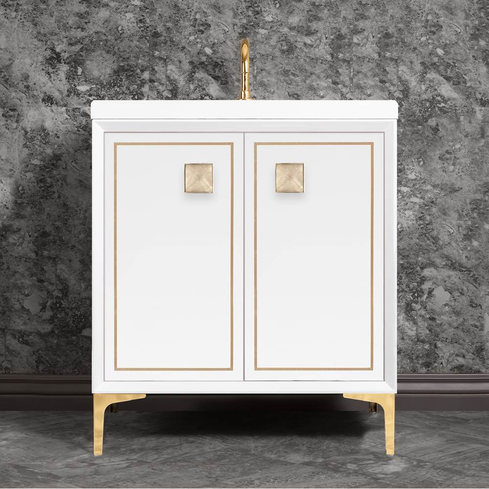 Linkasink - LINEA with 3'' Artisan Glass Prism Hardware 30'' Wide Vanity, White, Polished Brass Hardware, 30'' x 22'' x 33.5'' (without vanity top) - Polished Brass with Eglomise Prism Glass