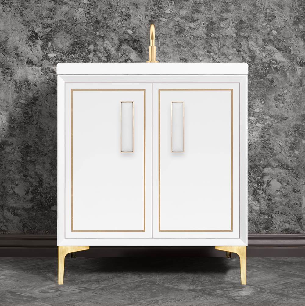Linkasink - LINEA with 8'' Artisan Glass Prism Hardware 30'' Wide Vanity, White, Satin Brass Hardware, 30'' x 22'' x 33.5'' (without vanity top) - Satin Brass with White Prism Glass