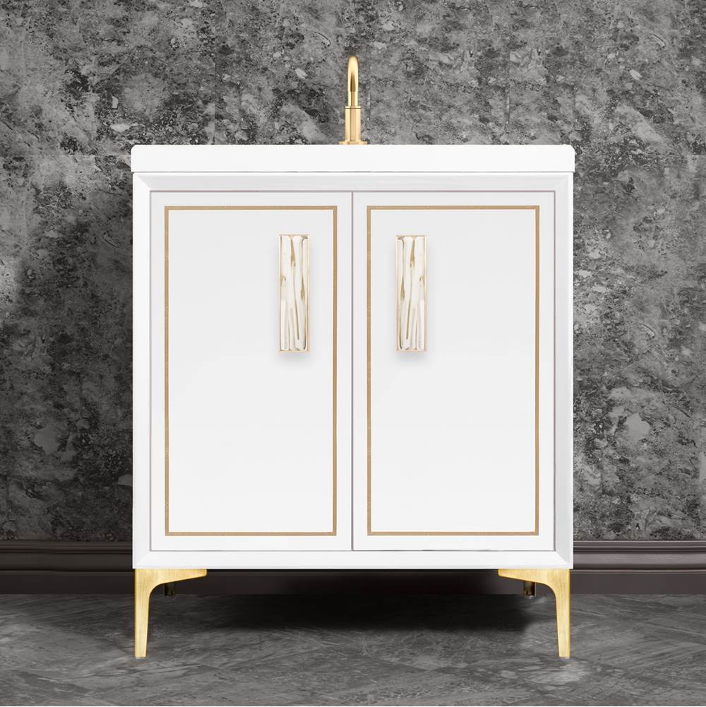 Linkasink - Linea with 8'' White Tiger Artisan Glass Prism, 30'' Wide Vanity, White, Satin Brass Hardware with White Glass, 30'' x 22'' x 33.5'' (without vanity top) - Satin Brass with White Tiger Prism Glass