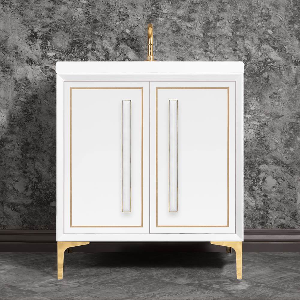 Linkasink - LINEA with 18'' Artisan Glass Prism Hardware 30'' Wide Vanity, White, Polished Brass Hardware, 30'' x 22'' x 33.5'' (without vanity top) - Polished Brass with White Prism Glass
